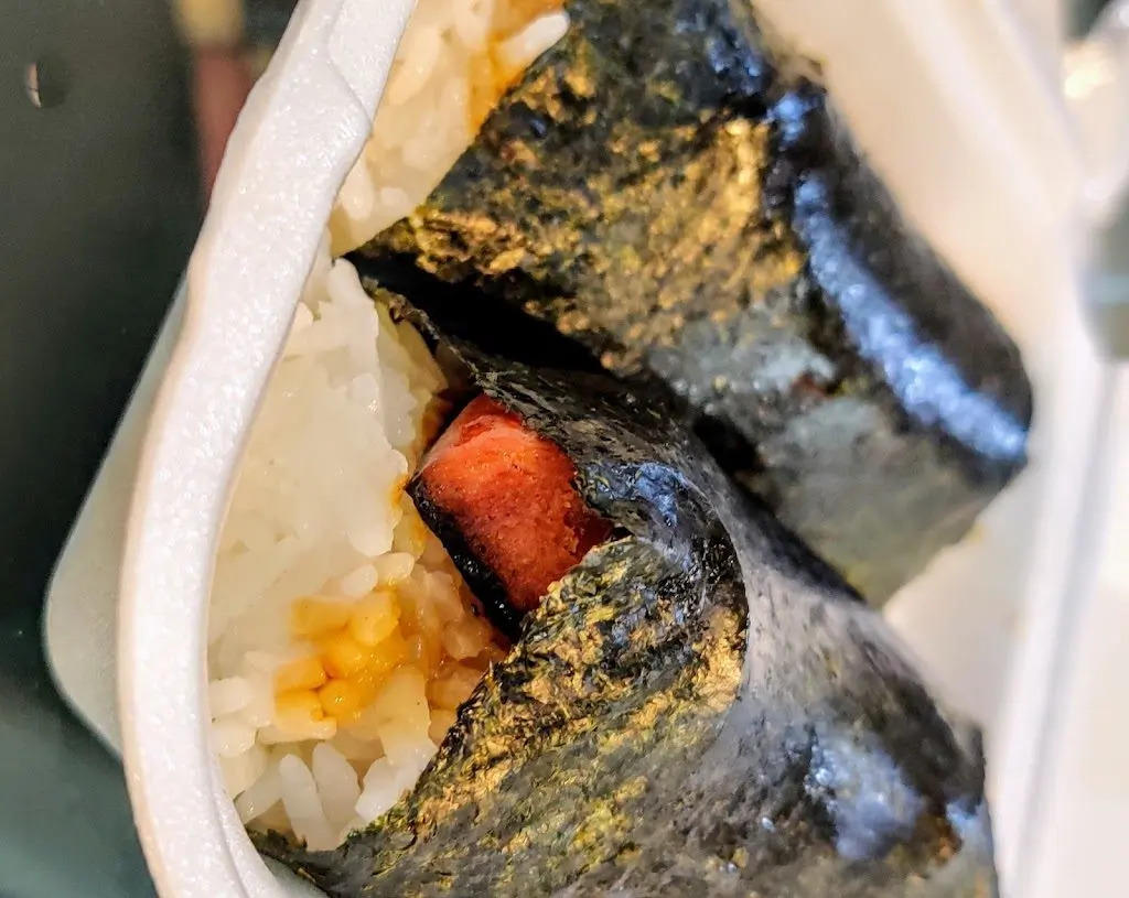 TK-Cafe-Hawaiian-BBQ-&-Dim-Sum-Hawaiian-restaurant-Spam-Onigiri-Monrovia Onigiri with rice, spam, wrapped in seaweed at TK Cafe Hawaiian BBQ & Dim Sum, a Hawaiian restaurant in Monrovia